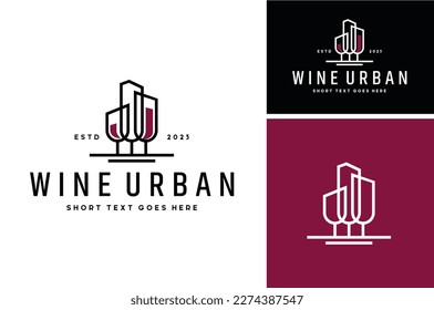 Vintage City Skyline Cityscape Building with Wine Glass Goblet for Dinner Restaurant Bar or Winery logo design