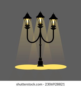 vintage city street lights row working at night. Urban electrical lightning system with lampposts glowing in darkness. 
