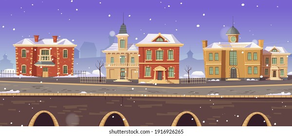 Vintage city winter street with european colonial victorian buildings and lake promenade. 19th century town with old architecture. Retro style cityscape at river shore, Cartoon vector illustration
