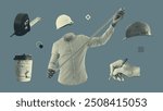 Vintage civil engineer and architecture objects collage isolated, monochrome color on dark blue background. Vector illustration