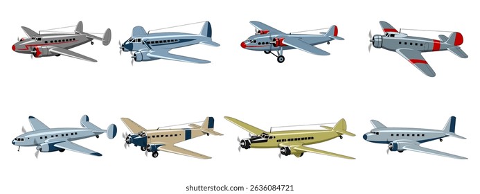Aviões civis antigos. Aeronaves de passageiros e de carga. Cliparts vetoriais isolados no branco.