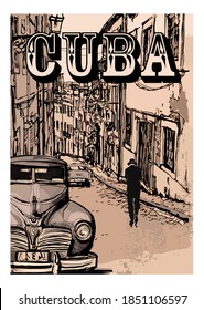 Auto clásico americano vintage en una calle de La Habana, Cuba - ilustración vectorial