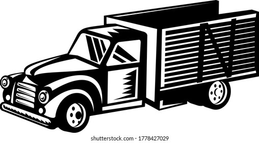 Vintage Classic American Pickup Truck with Wood Side Rails Retro Woodcut Black and White