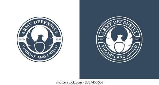 vintage classic badge with silhouette phoenix or eagle and shield icon for army defender logo design