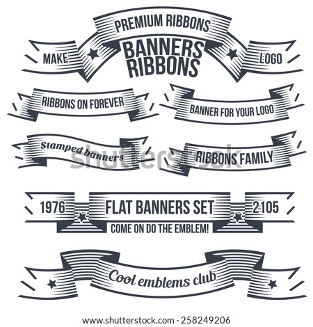 Vintage classic banners and ribbons in style of engraving or tattoo, for coats of arms or logo. Text is grouped separately and can be easily removed.