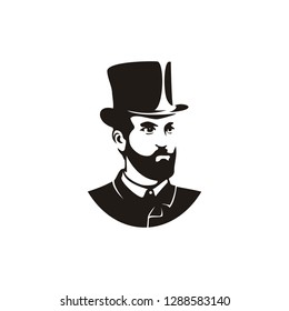 Vintage classic bearded American Man with victorian felt top hat Silhouette illustration