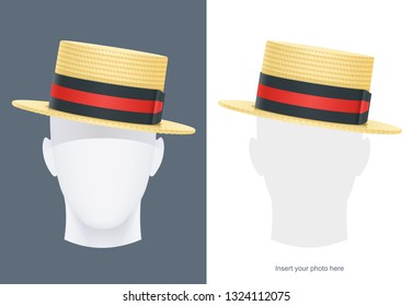 Vintage classic boater straw hat at manikin. Stylish cylinder headgear for gentleman. Retro wear accessory. Male fashion. Man face avatar. Trendy clothes. Isolated white. Eps10 illustration.