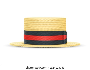 Vintage classic boater straw hat. Stylish cylinder headgear for gentleman. Retro wear accessory. Male fashion. Trendy clothes. Isolated white background. Eps10 vector illustration.