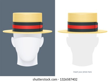 Vintage classic boater straw hat at manikin. Stylish cylinder headgear for gentleman. Retro wear accessory. Male fashion. Man face avatar. Trendy clothes. Isolated white. Eps10 illustration.