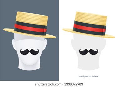 Vintage classic boater straw hat at manikin. Stylish cylinder headgear for gentleman. Retro wear accessory. Male fashion. Man face avatar. Trendy clothes. Isolated white. Eps10 illustration.