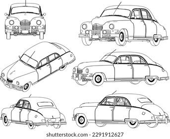 Vintage classic car cartoon illustration vector sketch