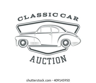 Vintage, classic car label, car auction badge template. Vintage car auction. Classic second hand car sale. Vector illustration.