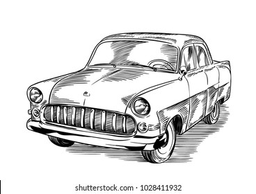 Vintage classic car. Line art vector illustration