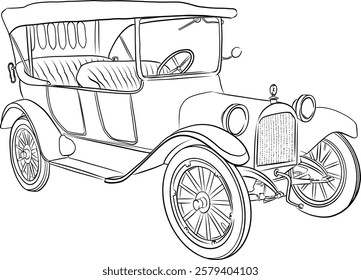 Vintage Classic Car Line Art Vector Illustration – Retro Antique Automobile Outline Drawing, Perfect for Coloring Books, Posters, Prints, and Digital Artwork – High-Quality Black and White Sketch