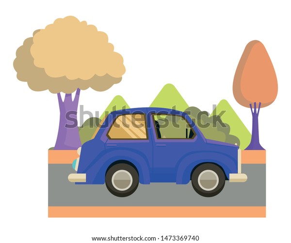 Vintage classic car\
sideview cartoon on highway with landscape scenery ,vector\
illustration graphic\
design.