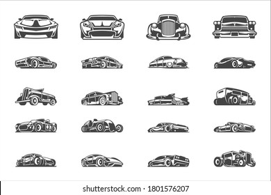 Vintage classic car silhouettes and icons isolated on white background vector illutrations set. Super cars, muscle and hot rod cars, engine repairs objects for print or logo emblem templates.