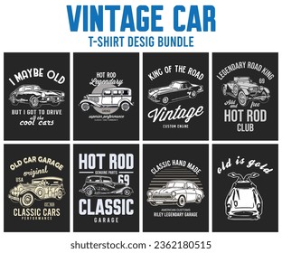 Vintage classic car t-shirt design bundle, 8 old cars vector t-shirts designs graphic, you can print black and white template.