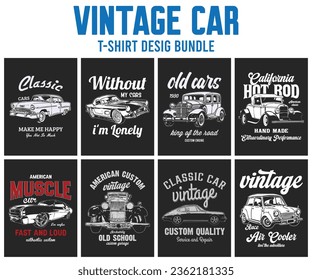 Vintage classic car t-shirt design bundle, 8 old cars vector tshirts designs graphic, you can print black and white template.