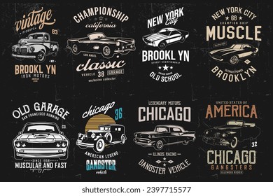 Camiseta clásica vintage de auto-diseño paquete. Camiseta de autos viejos de Estados Unidos.