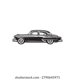 Vintage classic car vector illustration, retro black sedan from the 1950s, antique automotive silhouette with whitewall tires for garage posters.