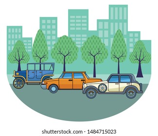 Vintage and classic cars antique vehicles riding in the city urban background vector illustration graphic design.