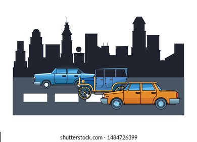 Vintage and classic cars antique vehicles riding in the city urban background vector illustration graphic design.
