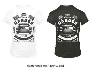 Vintage classic cars garage service prints with inscriptions retro automobile headlights engine pistons shock absorbers on shirts isolated vector illustration