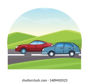 Vintage and classic cars modern vehicles riding on highway landscape background vector illustration graphic design.