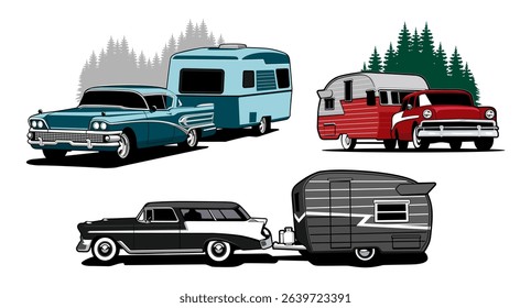 Vintage Classic Cars with Retro Camper Trailers Vector Illustration Set