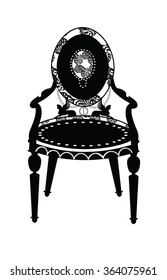 Vintage Classic chair in rounded shape with rich ornaments and upholstery pattern. Vector sketch