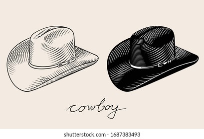 Vintage Classic Cowboy Hat. High Quality Engraved Style Vector Line Art Illustration Drawing.