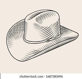 Vintage classic cowboy hat. High quality engraved style vector line art illustration drawing.