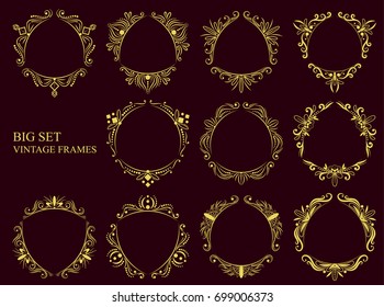 Vintage classic elegant gold triangular frame big set on a dark background