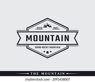 Vintage Classic Emblem Badge Ice Snow Rocky Mountain Symbol. Creek River Mount Peak Hill Nature Landscape view Logo Design Inspiration