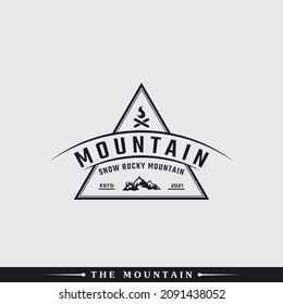 Vintage Classic Emblem Badge Ice Snow Rocky Mountain Symbol. Creek River Mount Peak Hill Nature Landscape view Logo Design Inspiration