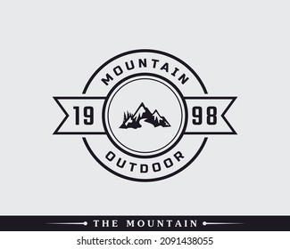 Vintage Classic Emblem Badge Ice Snow Rocky Mountain Symbol. Creek River Mount Peak Hill Nature Landscape view Logo Design Inspiration