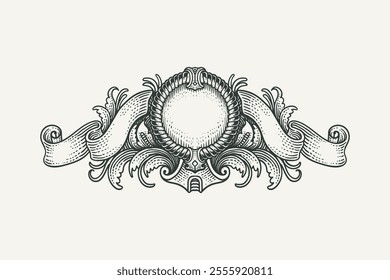 Vintage classic engraving ribbon decorative ornament design elements, Illustration hand drawn editable background