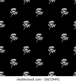 Vintage classic floral pattern with small white roses on black background. Grunge retro print with flowers and leaves for summer spring fashion. Seamless hand drawn graphic for soap package design