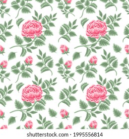 Vintage and classic floral vector seamless pattern illustration of roses, flower buds and leaf branch arrangements for fabric, textile, women fashion, gift paper, feminine and beauty products