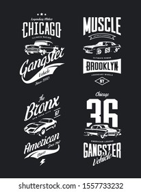 Vintage classic gangster, muscle car vector tee-shirt logo isolated set.
Premium quality old sport vehicle logotype t-shirt emblem illustration. American street wear superior retro tee print design.