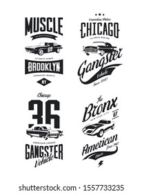 Vintage classic gangster, muscle car vector tee-shirt logo isolated set.
Premium quality old sport vehicle logotype t-shirt emblem illustration. American street wear superior retro tee print design.