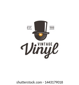 Vintage Classic Gramophone Music Vinyl CD Record with Victorian Man Felt Top Hat logo design