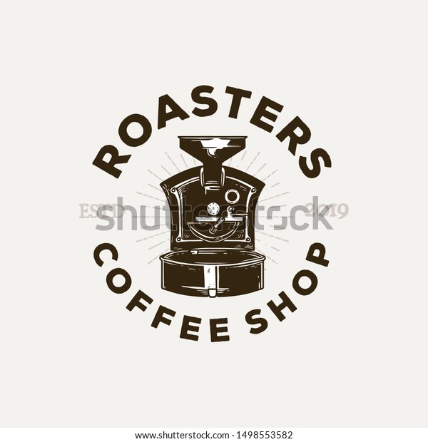 Vintage Classic Hand Drawing of Roasting Coffee\
Machine Badge Design Vector for\
Cafes