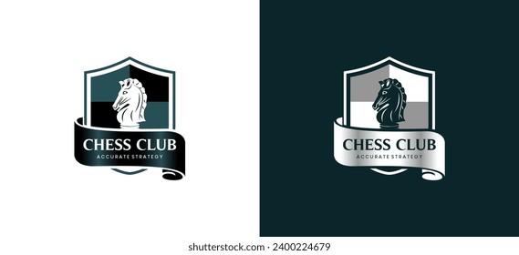 Vintage classic knight chess logo design template, chess sport shield logo