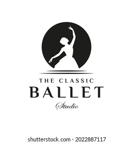 Vintage Classic Logo Style for Ballet Studio Logo Design. With Woman in ballet suit on a black background. Luxury and Premium Logo