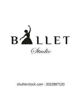 Vintage Classic Logo Style für das Logo-Design von Ballet Studio. Mit Frau im Ballettanzug auf schwarzem Hintergrund. Luxus- und Premium-Logo