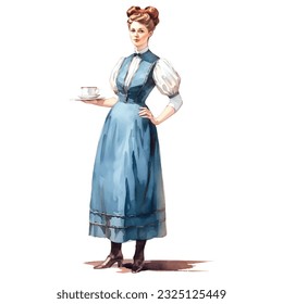 vintage classic maid servant bring tea in watercolor illustration 