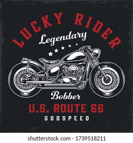 Vintage classic motorcycle print with bobber motorbike isolated vector illustration