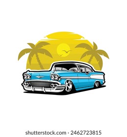 Vintage Classic Muscle Car in The Beach Illustration Vector Art Isolated