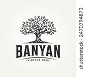 vintage classic oak banyan old tree label logo vector illustration design